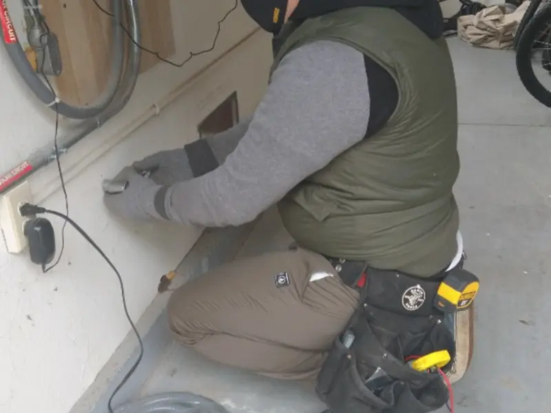 Electrician performing outlet wiring in a Redding garage